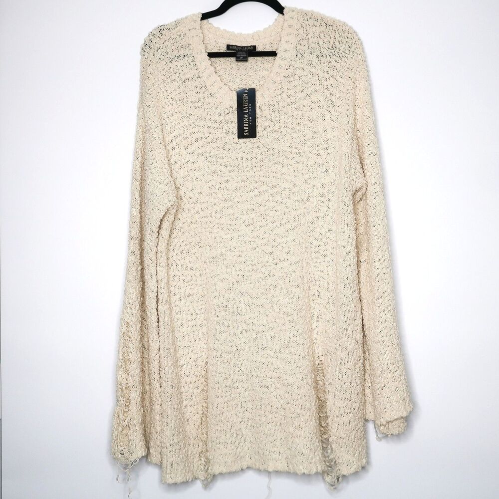 Sabrina Lauren Womens Sweater Size 2X Beige Textured Knit Distressed Lounge‎ 90s